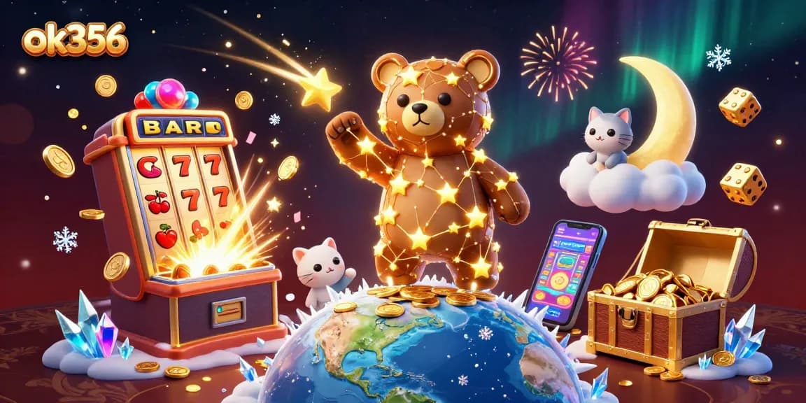 Experience thrilling wins with ok356 in a vibrant casino scene filled with 3D illustrations of luck and excitement.