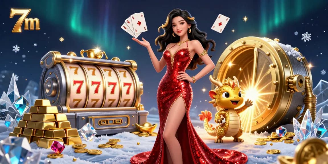 Engage with 7m as a stunning Asian woman welcomes players in a vibrant casino scene.
