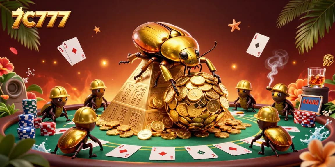 Engage in the vibrant 7C777 casino scene featuring beetles and poker elements.