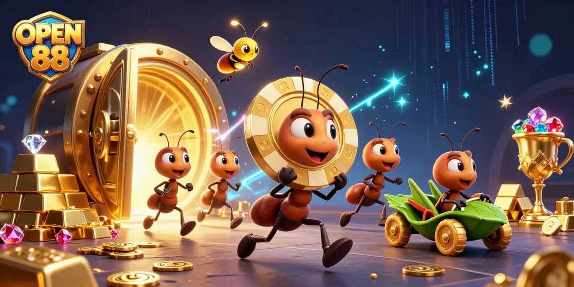 Experience the thrill of OPEN 88 with a heist scene featuring ants carrying a giant poker chip amidst treasures.