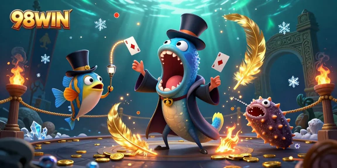 Experience thrilling card tricks with the bioluminescent gulper eel and anglerfish in 98WIN's vibrant casino scene.