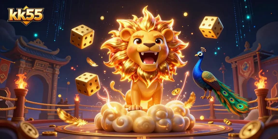 Experience thrilling games at kk55 with a roaring lion, golden dice, and vibrant casino elements.