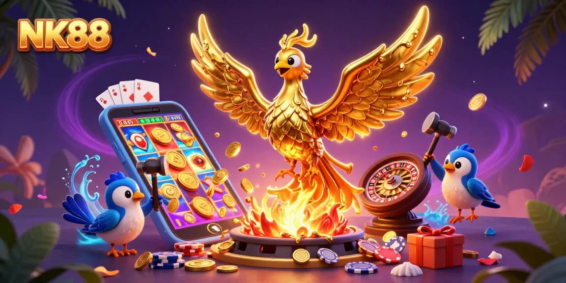 Experience thrilling gameplay at NK88 with a vibrant casino scene showcasing golden winnings and dynamic slots.