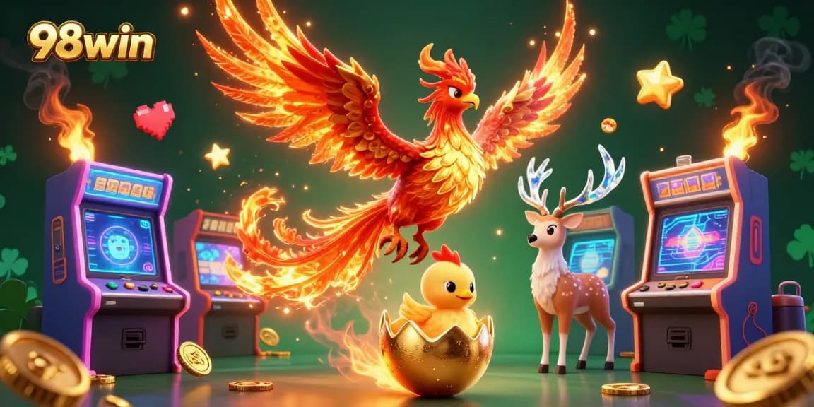 Engage with 98win's vibrant casino gaming scene featuring a phoenix and mystical stag.