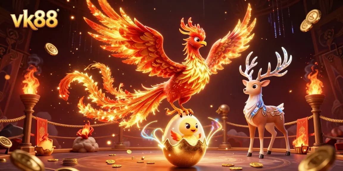 Experience excitement at vk88 with soaring phoenix and mystical stag in vibrant casino scene.