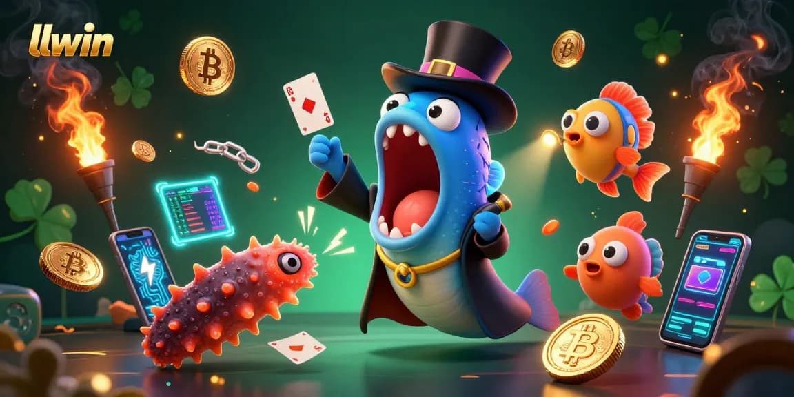 Engage with llwin's thrilling online magic show, featuring vibrant 3D characters and glowing cryptocurrency elements.