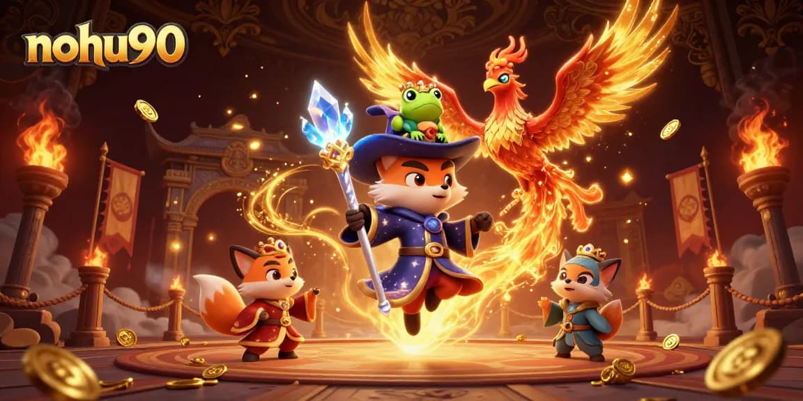 Experience the vibrant world of nohu90 with a magical illustration featuring a wizard fox, phoenix, and treasures.