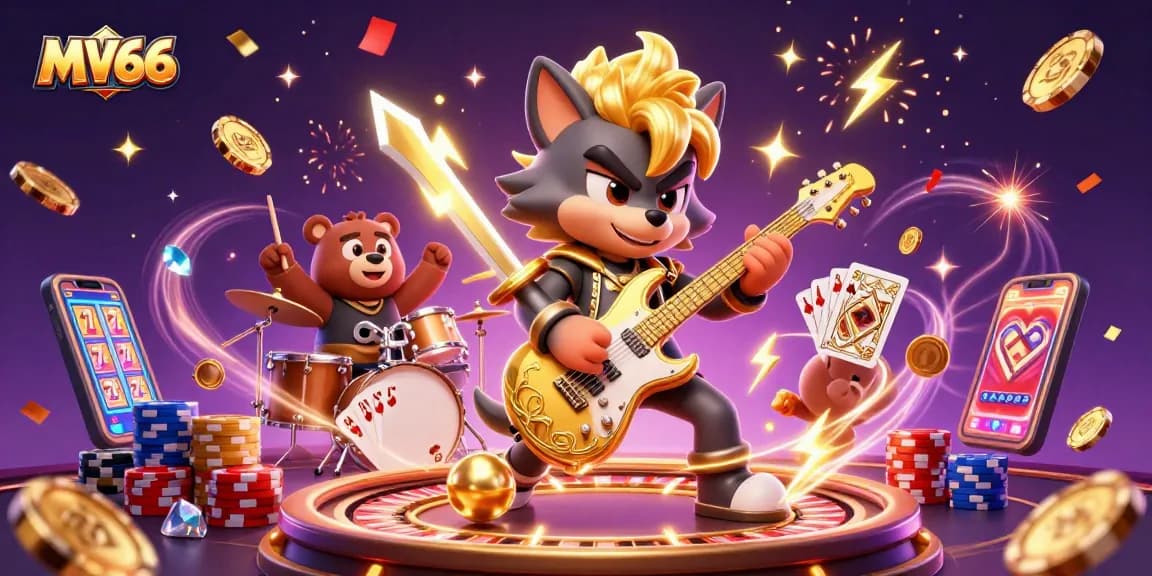 Experience MV66's thrilling gaming with rock star characters and vibrant casino elements.