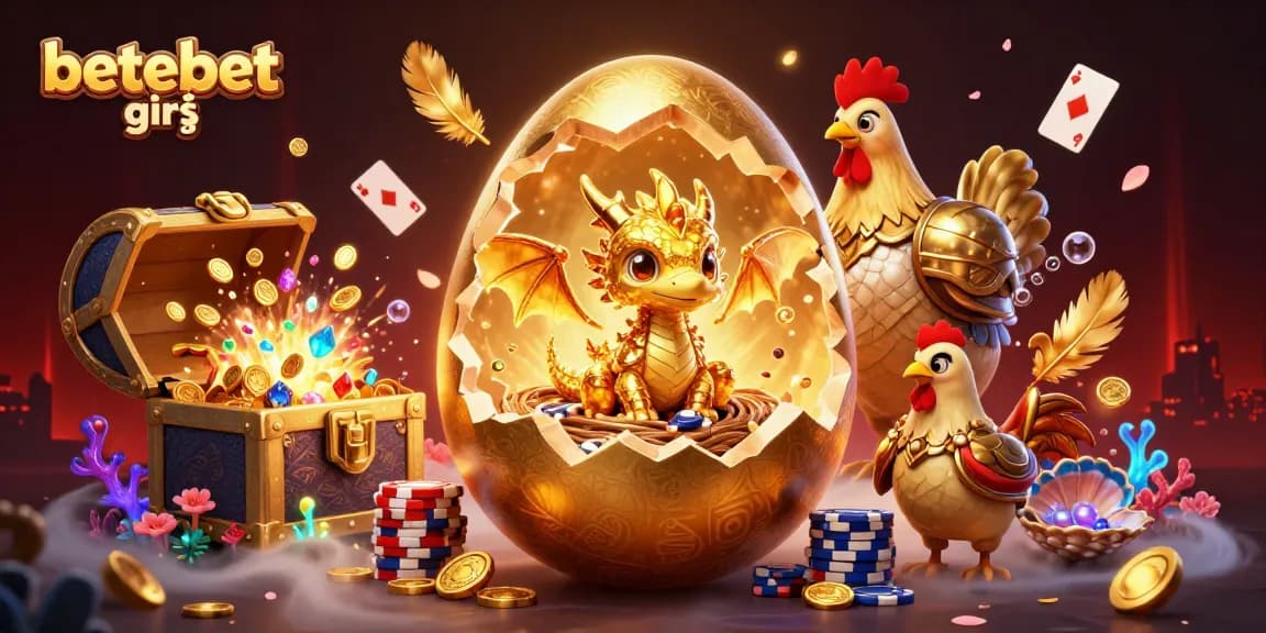 Experience betebet giriş as a golden dragon reveals poker chips, surrounded by treasures and casino elements.