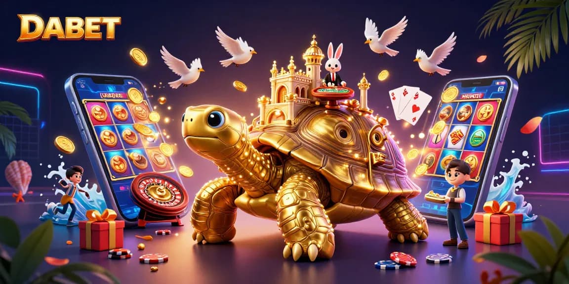 DABET casino scene with a golden tortoise, rabbit dealer, and gaming elements engaging players