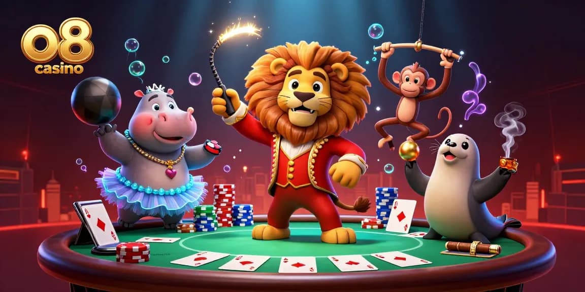 Engage with the vibrant energy of o8 casino through a dynamic 3D circus scene featuring playful characters and gaming elements.
