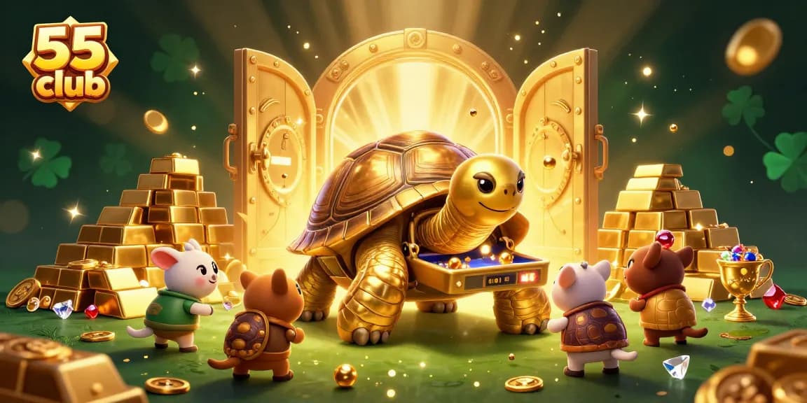 Experience the thrill at 55 club with a colossal tortoise pinball machine in a treasure-filled casino.