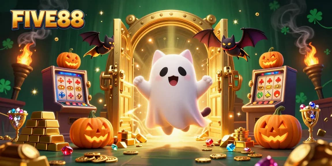 Experience the excitement of FIVE88 with a captivating haunted casino scene featuring ghostly characters.