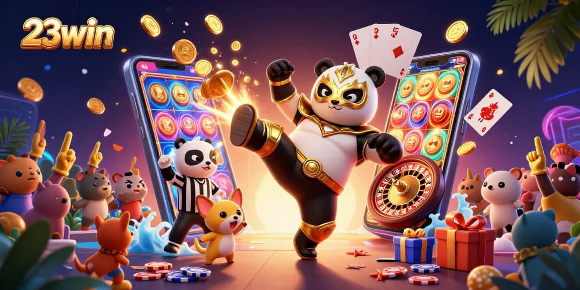 23win features a thrilling 3D casino scene with a wrestler panda in action, showcasing dynamic game elements.