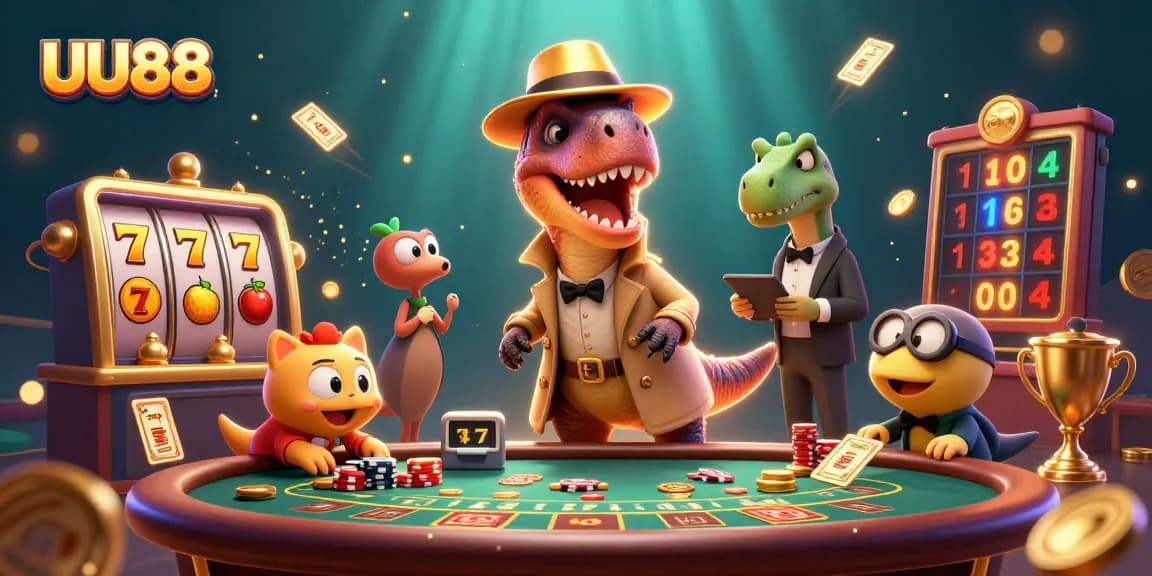 UU88 casino illustration showcasing lively characters at a blackjack table with vibrant 3D elements.