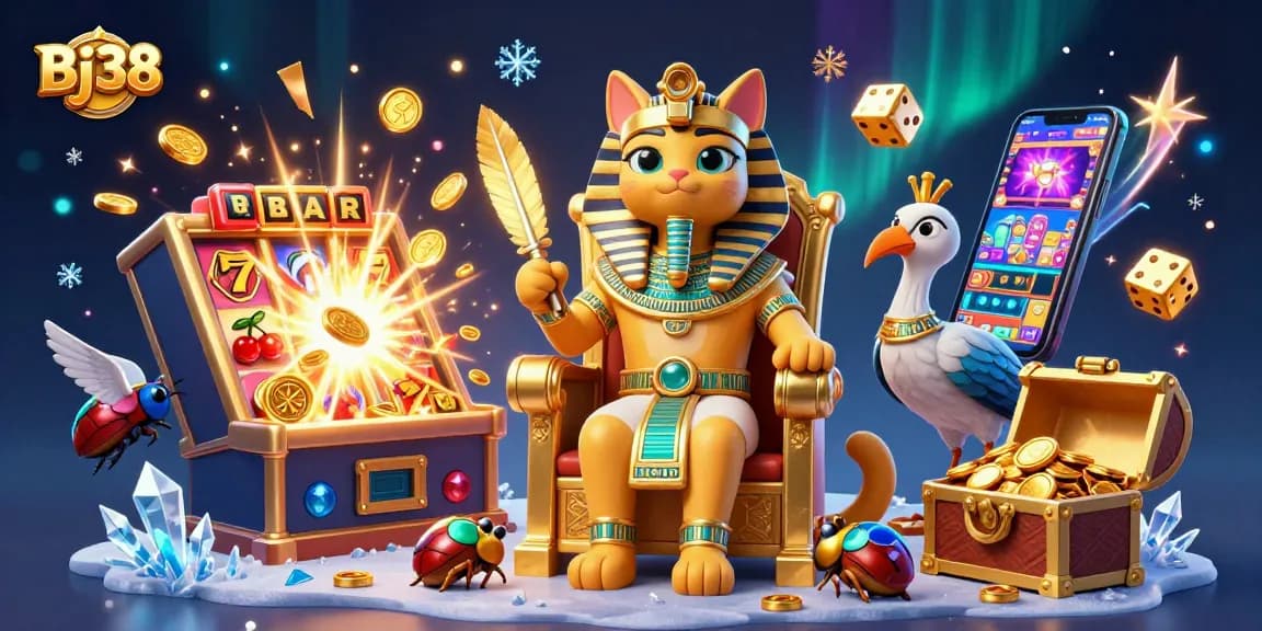 Bj38 offers thrilling slot machine experiences with golden treasures and dynamic casino symbols.