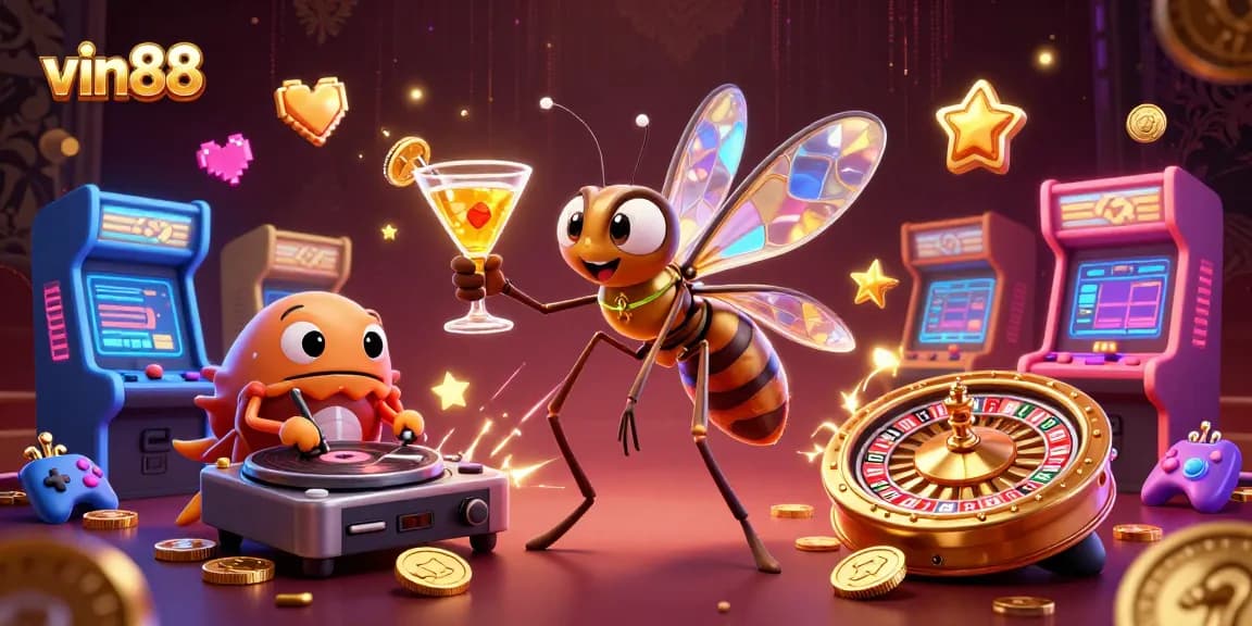 Engage in thrilling gaming with vin88's animated casino mascot holding a cocktail, surrounded by vivid games.
