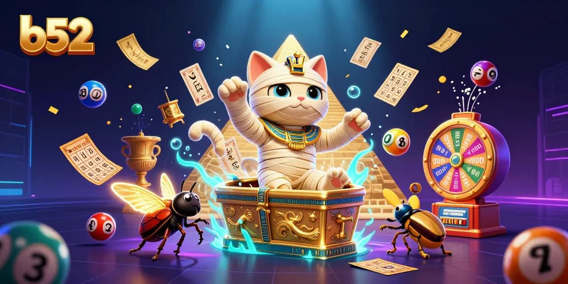 B52 casino mummy cat and scarab beetle in dynamic 3D illustration, engaging players with floating cards and lottery elements
