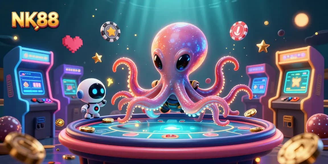 Experience thrilling gameplay at NK88 with an alien octopus managing a poker game in a vibrant casino setting.