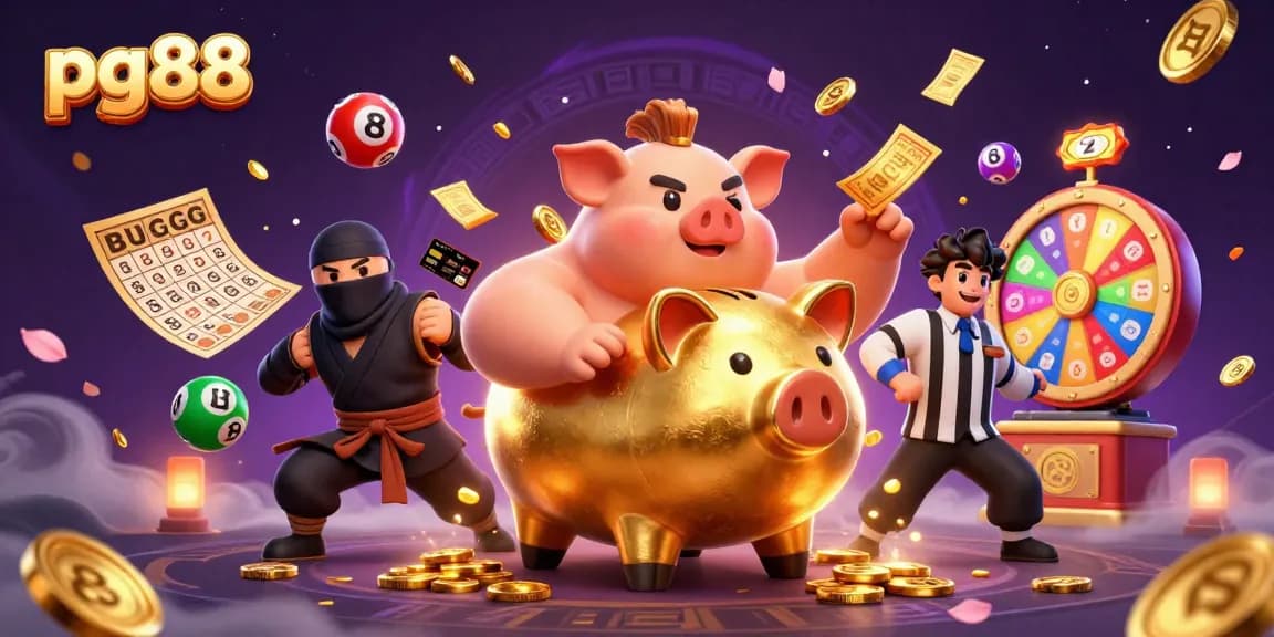 Join the excitement of pg88's lively casino scene with a dynamic sumo wrestler and vibrant lottery elements.
