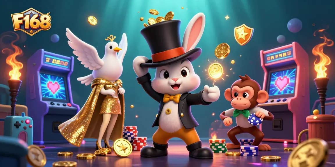 Experience thrilling gameplay at F168 with a magician, dove, and monkey in a vibrant casino scene.