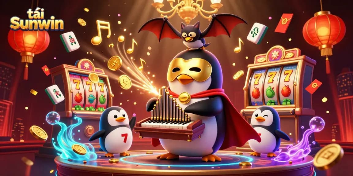 Play tải sunwin with excitement in a vibrant 3D casino scene filled with slots and prizes.
