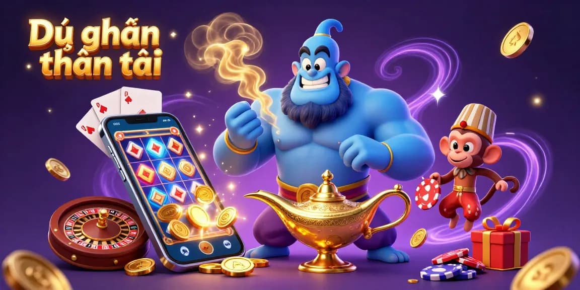 Dự đoán thần tài captures the magic of casino thrills with a glowing genie, vibrant slot games, and interactive poker elements.