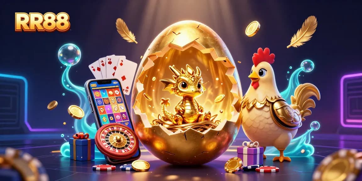 Win big with RR88 at this vibrant casino featuring a golden dragon, poker chips, and thrilling slot games.