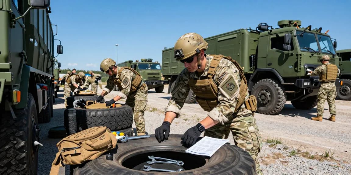 Soldiers in tactical gear at 88m.lifestyle inspecting military vehicles in a dynamic training environment.