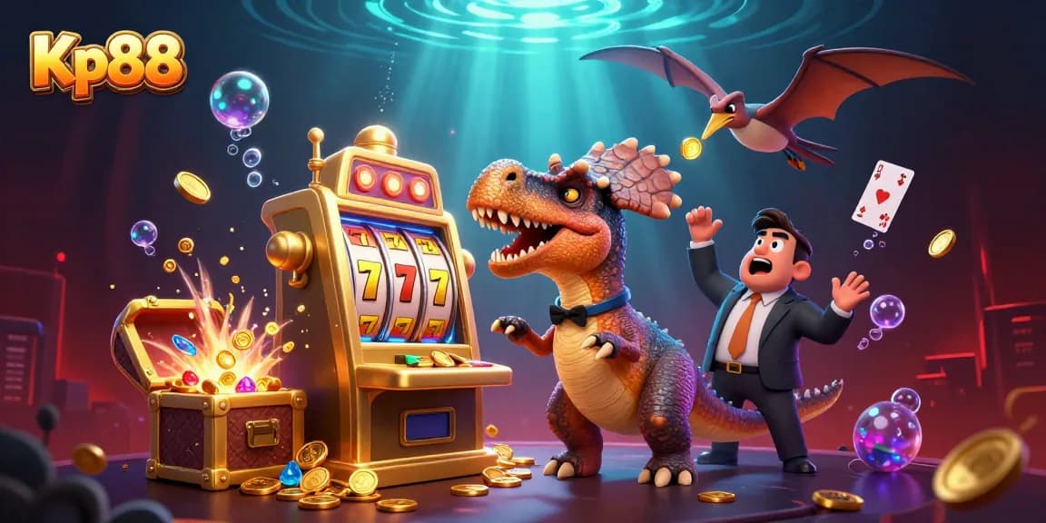 Kp88 features a pachycephalosaurus hitting a slot machine for jackpot coins amid a chaotic casino scene.