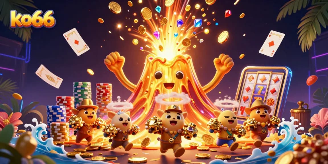 Experience thrill with ko66's treasure-filled volcano erupting in a vibrant casino scene.