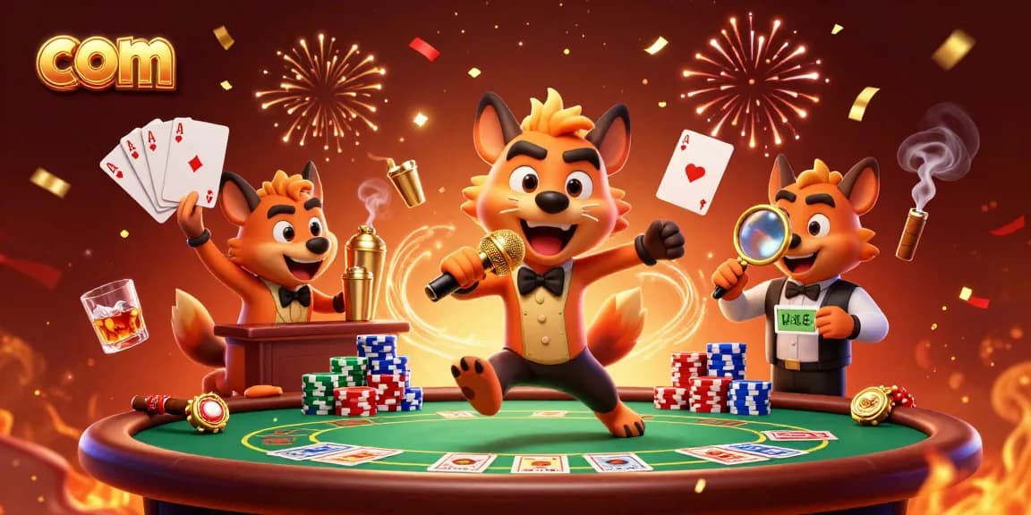Join the com-inspired hyenas at a vibrant casino scene mixing drinks and telling jokes.