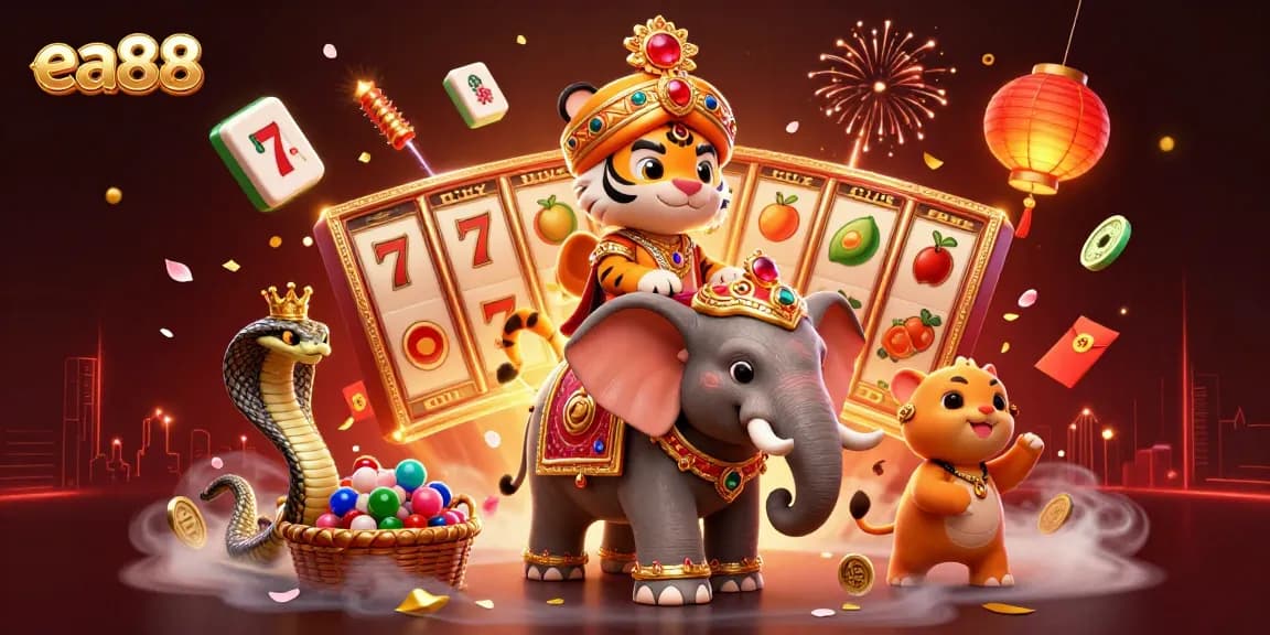 Experience exciting slot games with ea88's vibrant illustration featuring a maharaja, elephant, and lucky symbols.