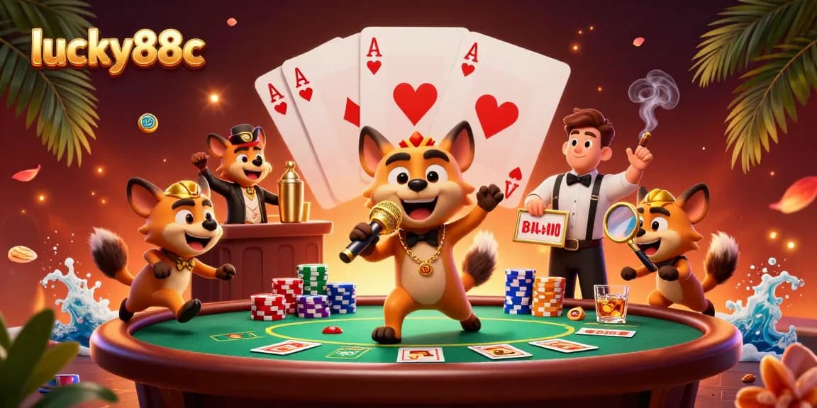 Experience the fun at lucky88c with a lively casino scene featuring cartoon hyenas!