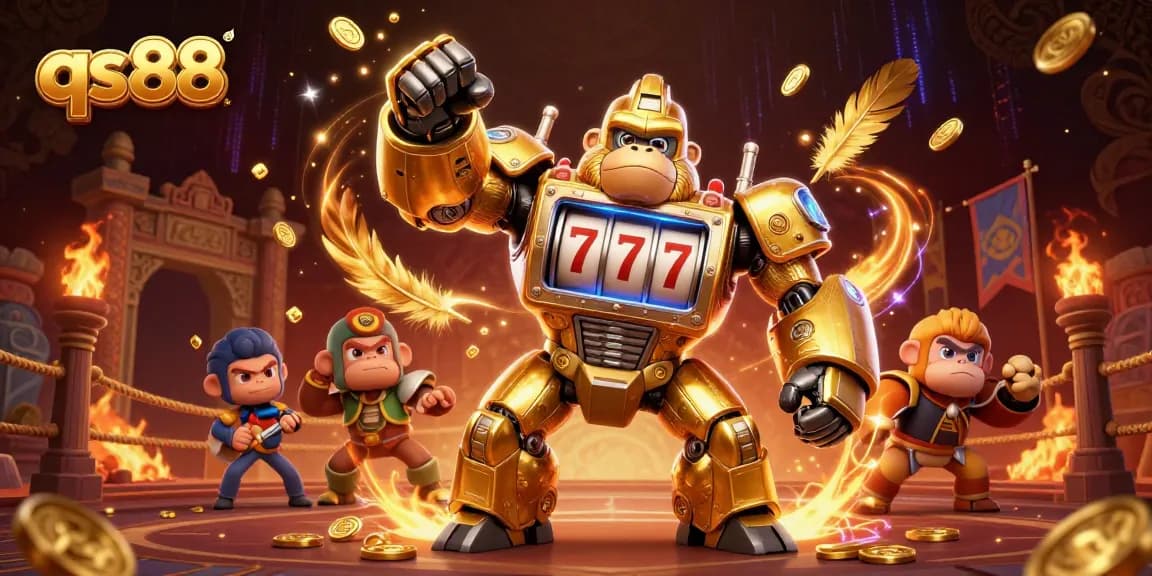 Experience exciting wins at qs88 with a dynamic 3D gorilla mech surrounded by gold and gaming action.