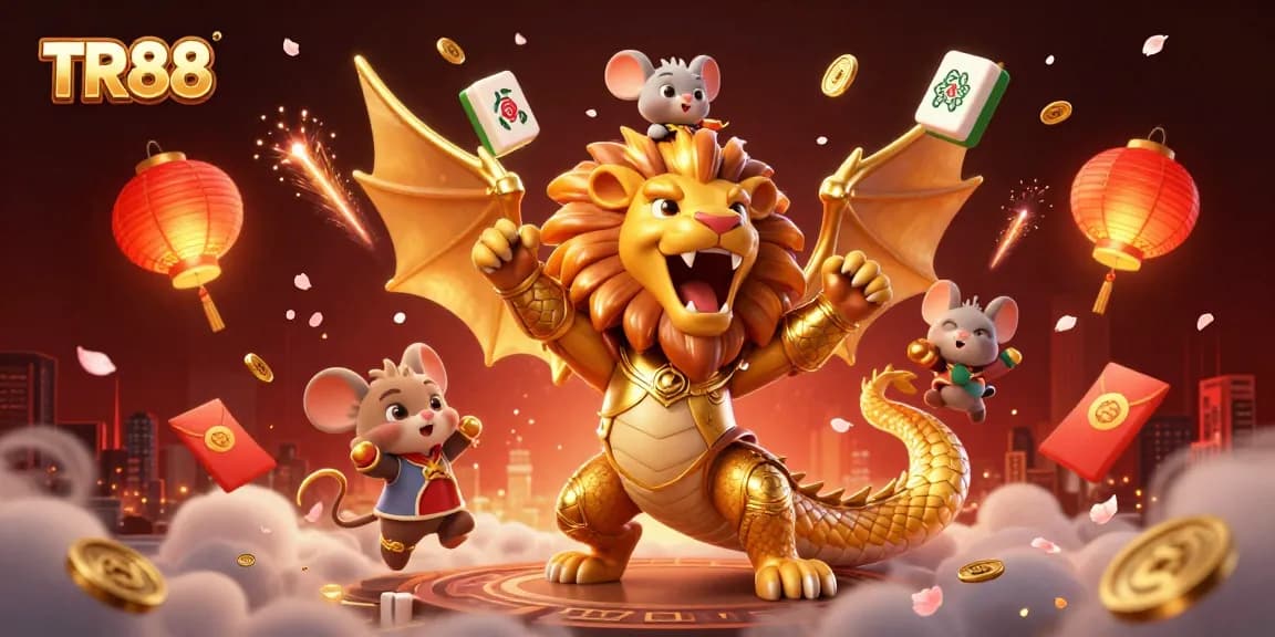 TR88 celebrates its triumphant gaming spirit with a chimeric creature and festive elements in a vibrant casino scene.