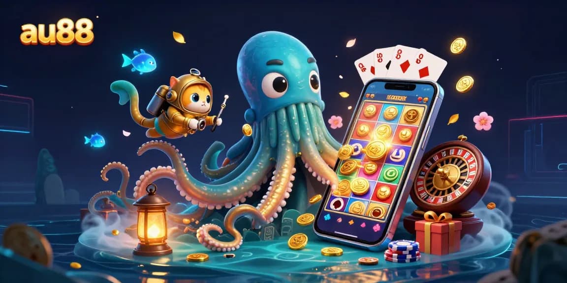 Experience the excitement of au88 with a vibrant scene featuring a kraken, diving cat, and more.