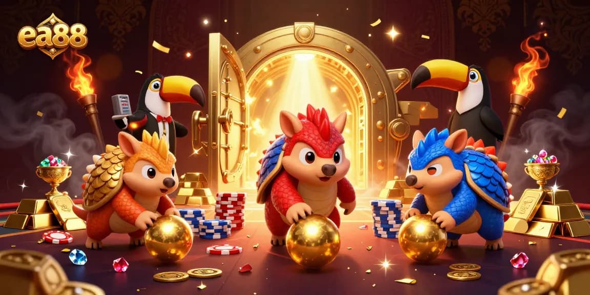 Play exciting fish shooting games at EA88, featuring vibrant pangolins amidst golden treasures and poker chips.