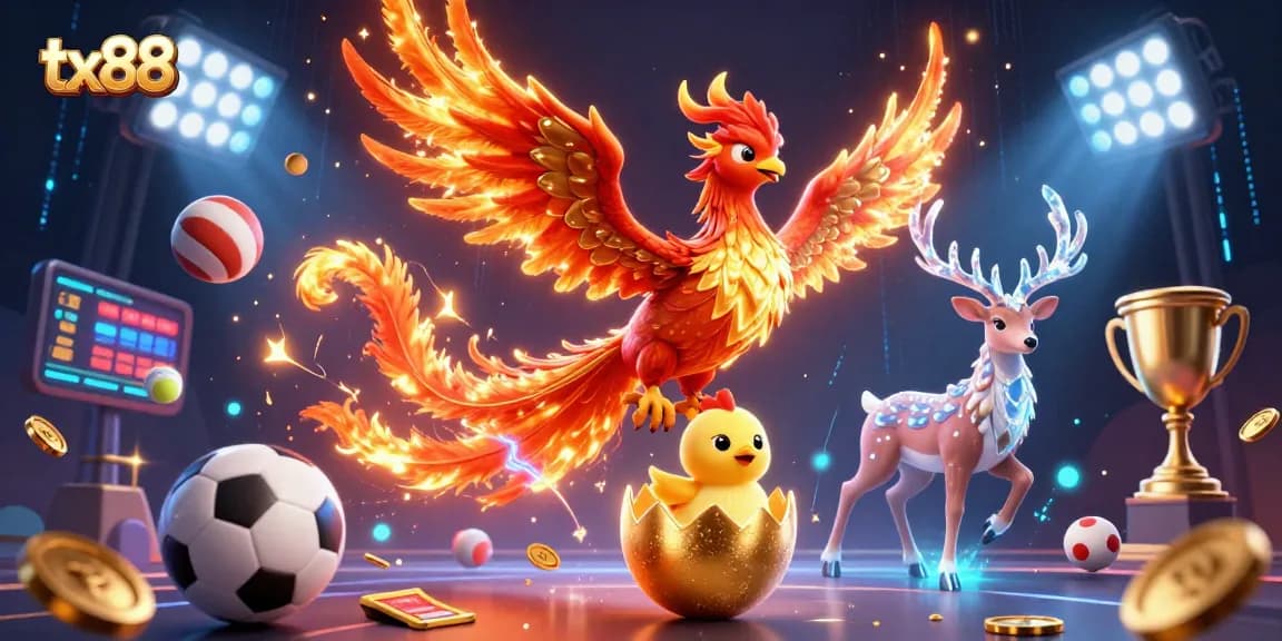 Experience dynamic gambling action at tx88 with a vibrant phoenix and sports elements.