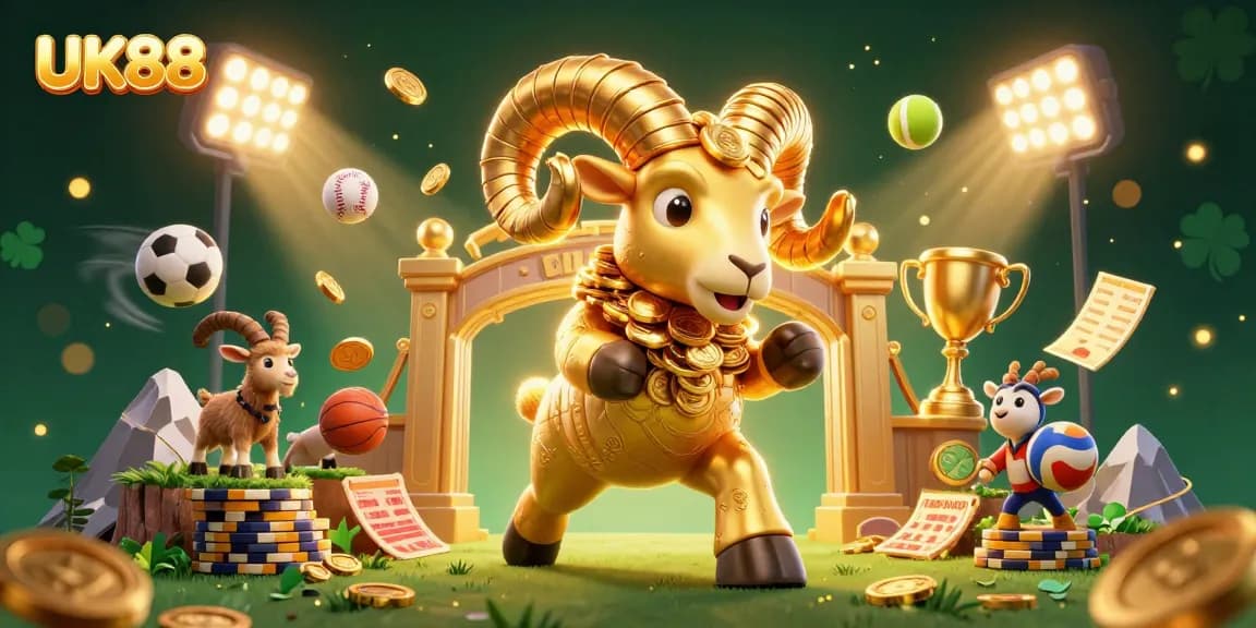 Experience thrilling sports betting with UK88's energetic scene featuring a gold ram and dynamic sports elements.