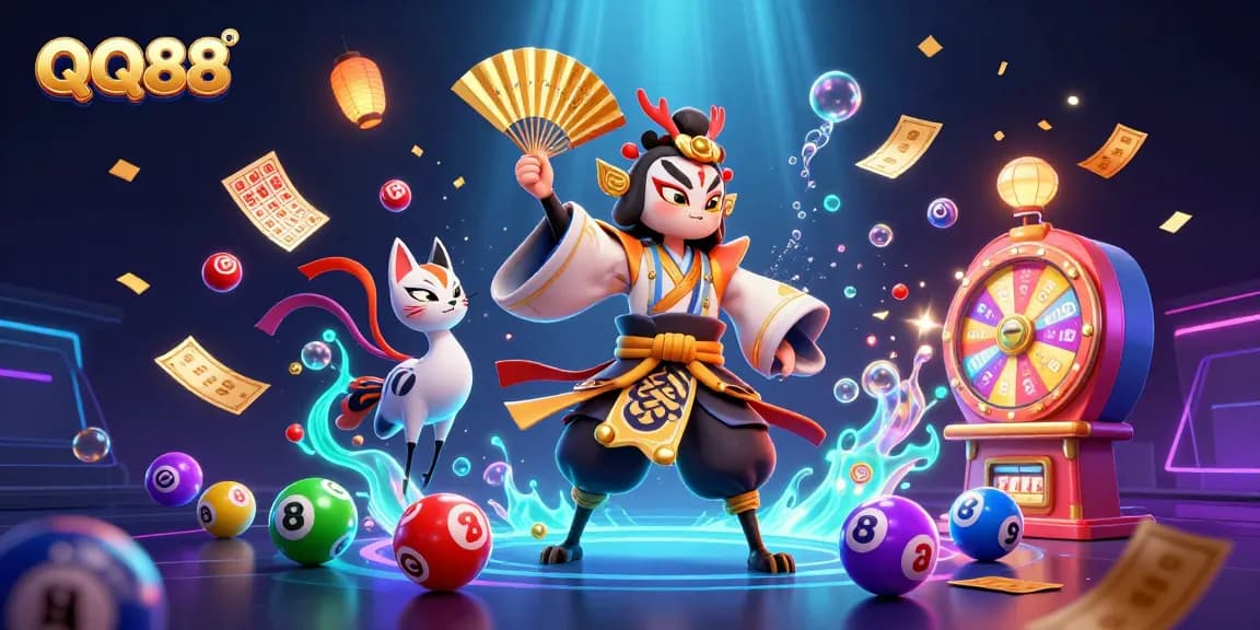Experience thrilling gameplay with QQ88 in an exciting 3D casino illustration full of vibrant lottery elements.