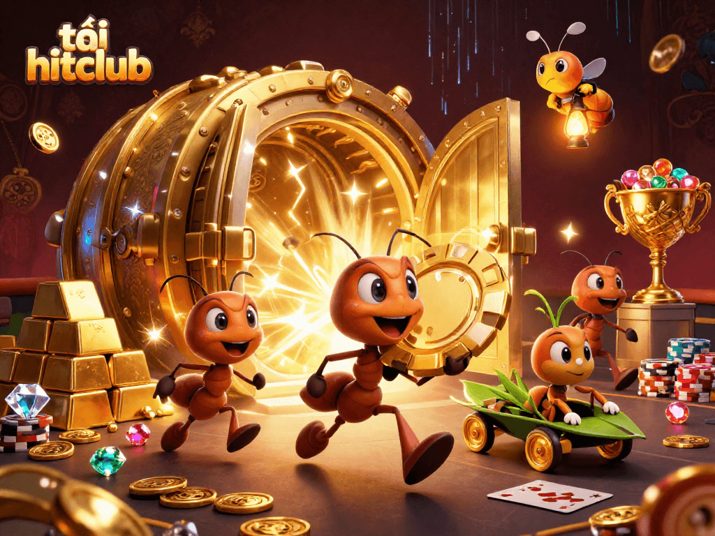 Win big with tải hitclub as cartoon ants carry a giant poker chip through a vibrant casino scene.