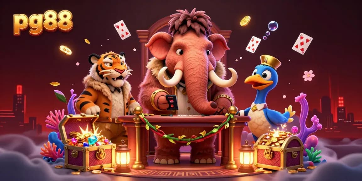 Celebrate with pg88 as a vibrant casino scene unfolds featuring unique characters and elements.