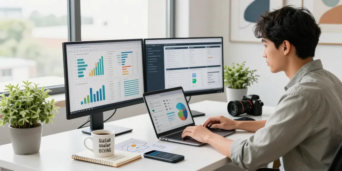 GEGESLOT dalam suasana kerja kreatif di ruang digital marketing dengan analitik dan grafik.