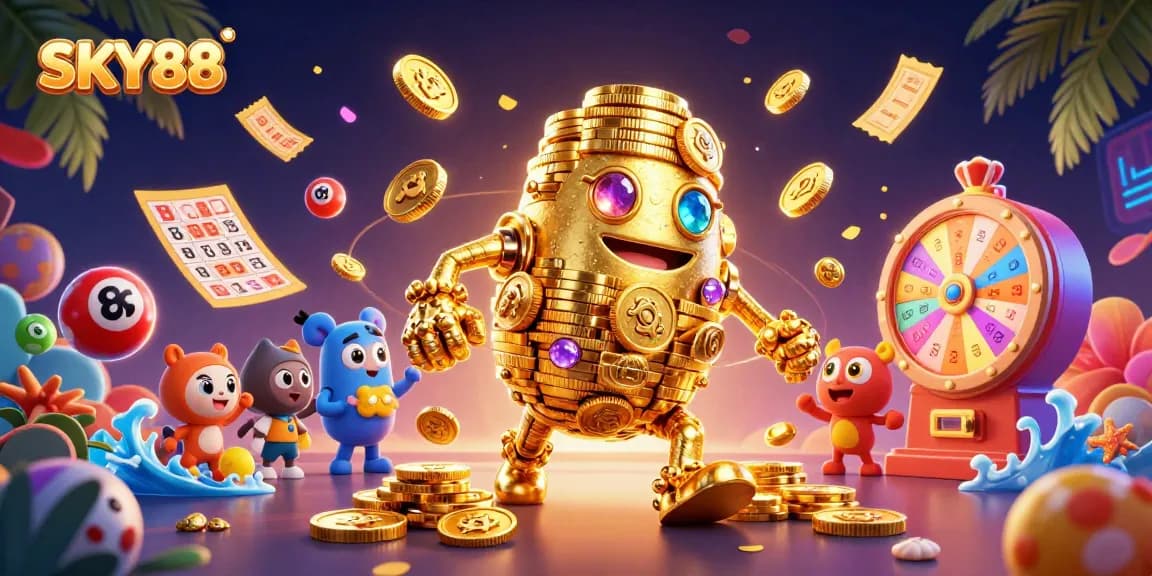 Experience thrilling lottery excitement with SKY88's vibrant illustration featuring golden elements and dynamic game symbols.