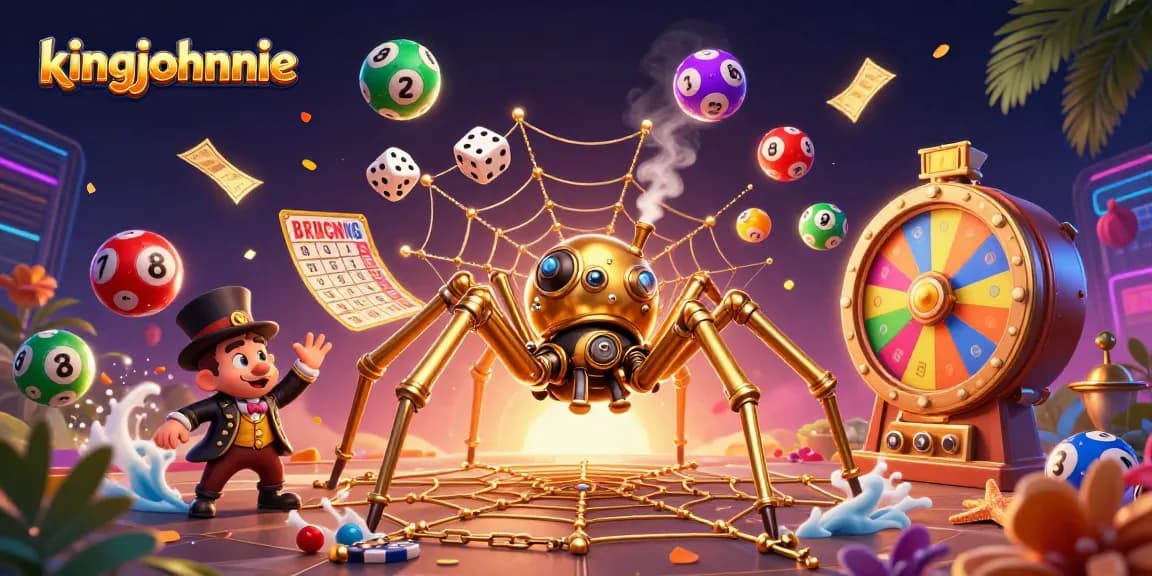 Engage with kingjohnnie's vibrant lottery scene featuring dynamic lottery balls and a steampunk spider.