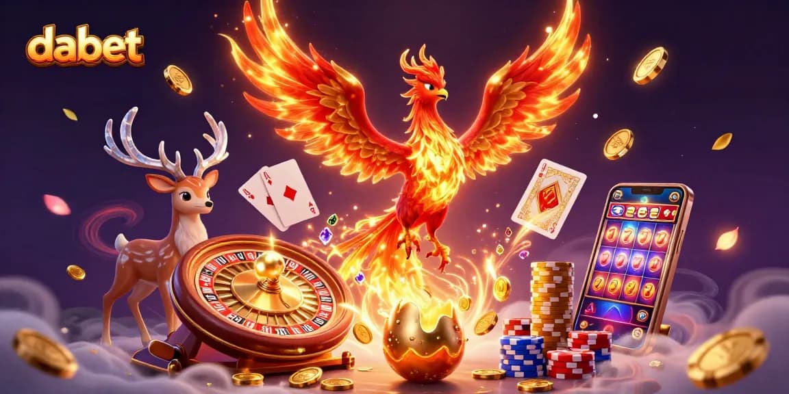 dabet showcases an enchanting scene with a phoenix and shimmering casino elements, perfect for gamblers.