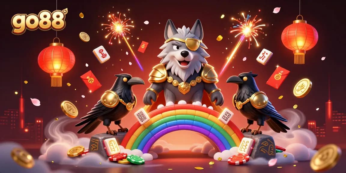 Experience go88 excitement with colorful illustrations of a Norse wolf, ravens, and casino chips.