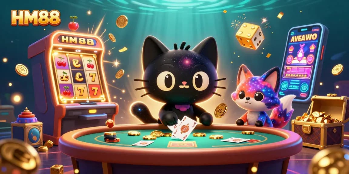 Play at HM88 as the black hole cat draws in casino chips amidst vibrant slot machines and cosmic fun.
