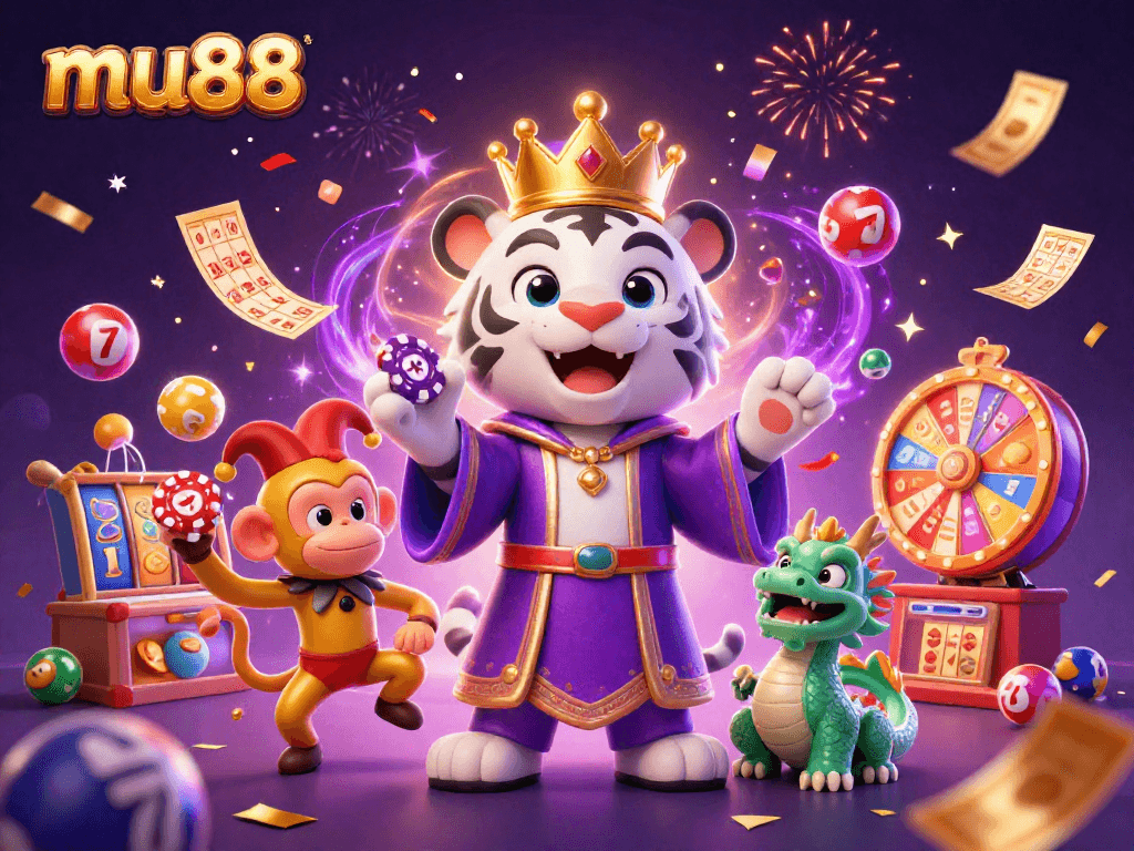Experience mu88's vibrant casino scene with an elegant tiger, jester monkey, and jade dragon in a lively and colorful atmosphere.